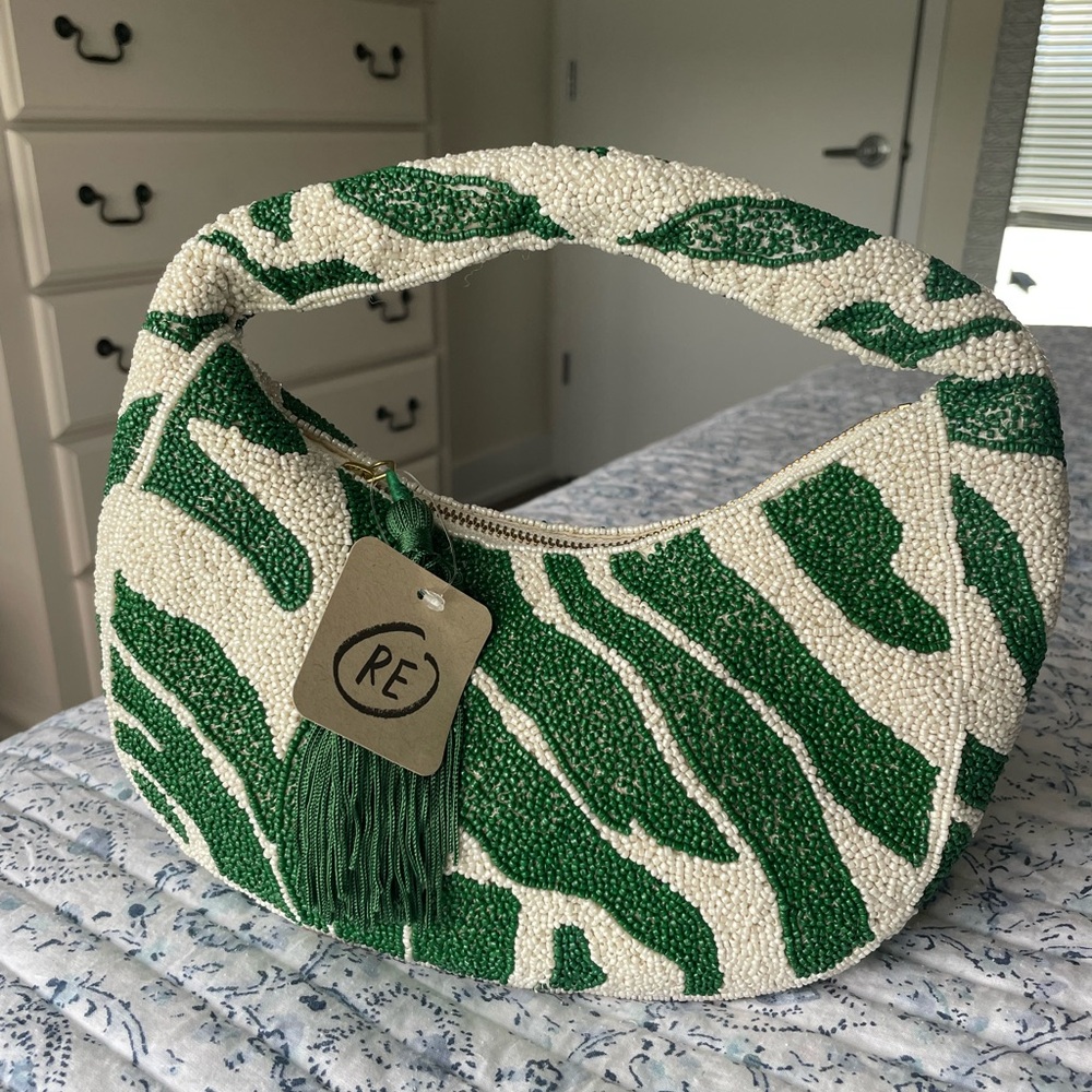NWT Anthropologie Beaded Palm Leaf Shoulder Bag